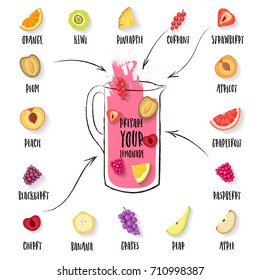 Vector trendy hand drawn illustration of fruits and berries for a lemonade generator  in a glass jar.