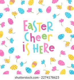 Vector trendy hand lettering Easter Cherr Here. Phrase for creative poster design. Greeting card for spring holiday. Quote isolated on white background.