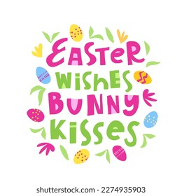 Vector trendy hand lettering Easter wishes, bunny kisses. Phrase for creative poster design. Greeting card for spring holiday. Quote isolated on white background. Letters in cutout style