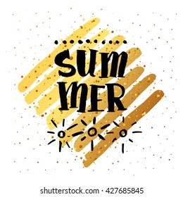 Vector trendy hand lettering poster. Hand drawn calligraphy ' summer ' Template poster on gold lines. concept handwritten poster 