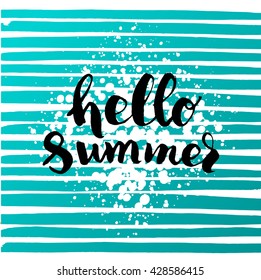 Vector trendy hand lettering poster 'hello summer'. Hand drawn calligraphy. Brush lettering composition.  post card  on blue watercolor lines