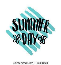 Vector trendy hand lettering poster. Hand drawn calligraphy ' summer day ' Template poster on blue lines. concept handwritten poster. blue waves
