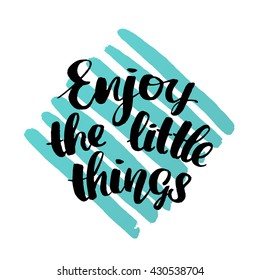 Vector trendy hand lettering poster. Hand drawn calligraphy 'enjoy the little things'  Template poster on blue lines. concept handwritten poster. blue waves