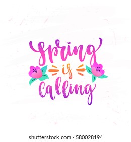 Vector trendy hand lettering poster. Hand drawn calligraphy "spring is calling" 