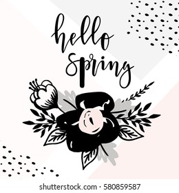 Vector trendy hand lettering poster ''hello spring''. Hand drawn calligraphy