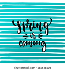Vector trendy hand lettering poster. Hand drawn calligraphy "spring  is coming" 