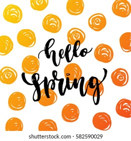 Vector trendy hand lettering poster. Hand drawn calligraphy "hello spring" 