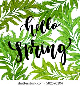 Vector trendy hand lettering poster. Hand drawn calligraphy "hello spring" 