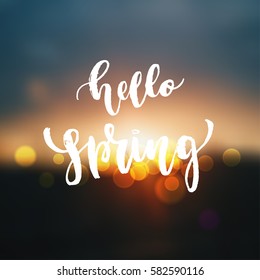 Vector trendy hand lettering poster. Hand drawn calligraphy "hello spring" 