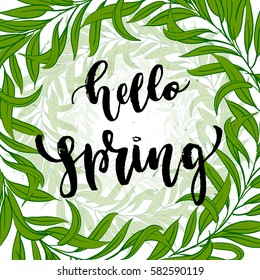 Vector trendy hand lettering poster. Hand drawn calligraphy "hello spring" 