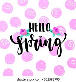 Vector trendy hand lettering poster. Hand drawn calligraphy "hello spring" 