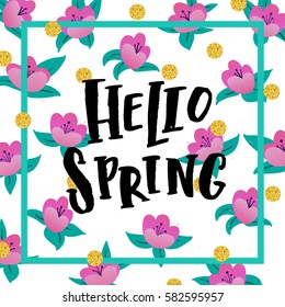 Vector trendy hand lettering poster. Hand drawn calligraphy "hello spring" 