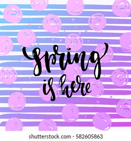  Vector trendy hand lettering poster. Hand drawn calligraphy " spring is here"  