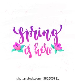  Vector trendy hand lettering poster. Hand drawn calligraphy " spring is here" 