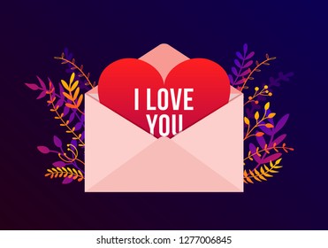 Vector trendy Happy Valentines Day illustration with I Love You letter concept, plants and flowers. Greeting card with big envelope and red heart, romantic background, banner design