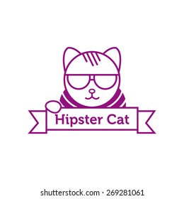 Vector trendy hipster cat in sunglasses outline logotype