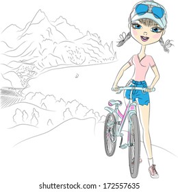 Vector trendy hipster girl tourist with bicycle in the mountains near the sea