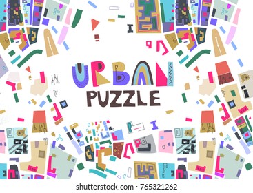 Vector trendy horizontal poster with colorful map fragments and text "Urban Puzzle". 