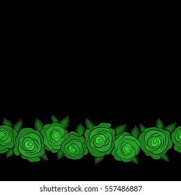 Vector trendy horizontal seamless floral pattern. Stylized hand drawn green roses with copy space (place for your text).
