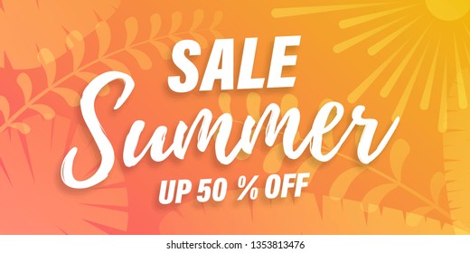 Vector Trendy Hot Summer Sale Banner. Palm tree leaves with stipple effect at colorful sunset gradient. Summer time background. Green plants, exotic leaves, banana leaf, areca palm, botany, flora.