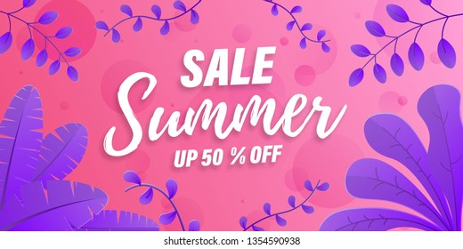 Vector Trendy Hot Summer Sale Banner. Palm tree leaves with stipple effect at colorful sunset gradient. Summer time background. Green plants, exotic leaves, banana leaf, areca palm, botany, flora.