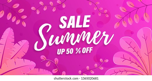 Vector Trendy Hot Summer Sale Banner. Palm tree leaves with stipple effect at colorful sunset gradient. Summer time background. Green plants, exotic leaves, banana leaf, areca palm, botany, flora.