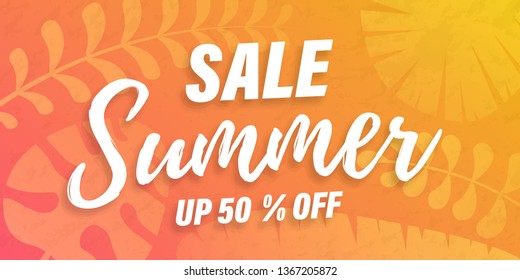 Vector Trendy Hot Summer Sale Banner. Palm tree leaves with stipple effect at colorful sunset gradient. Summer time background. Green plants, exotic leaves, banana leaf, areca palm, botany, flora.