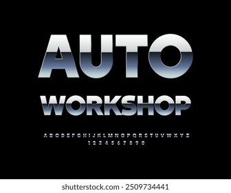 Vector icono de moda Auto Workshop. Única fuente de plata. Conjunto de letras y números de alfabeto metálico moderno