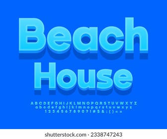 Vector trendy icon Beach House. Blue 3D Font. Bright Alphabet Letters and Numbers set