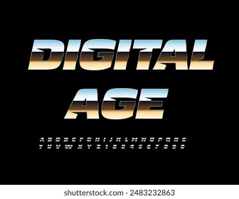 Vector trendy icon Digital Age. Unique Iron Font. Modern Silver Alphabet Letters and Numbers set.