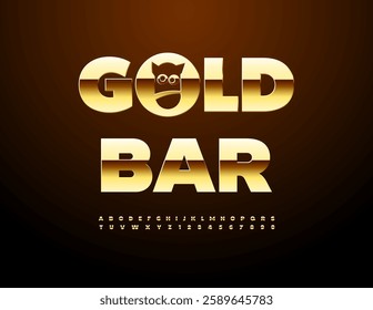 Vector Trendy icon Gold Bar with Creative Emblem. Fashion Gold Font. Shiny Elite Alphabet Letters and Numbers set.