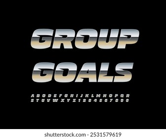 Vector trendy icon Group Goals. Stylish Silver Font. Modern Metallic Alphabet Letters and Numbers set.