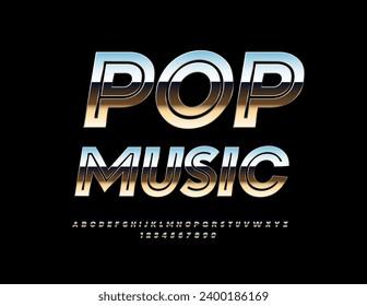 Vector trendy icon Pop Music. Exclusive Metallic Font. Modern Silver Alphabet Letters and Numbers set.