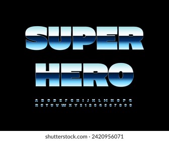 Vector trendy icon Super Hero. Reflective Silver Font. Modern Cool Alphabet Letters and Numbers set.