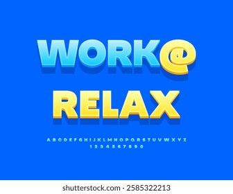 Vector Trendy icon Work and Relax. Sunny Yellow Font. Creative Isometric Alphabet Letters and Numbers set.