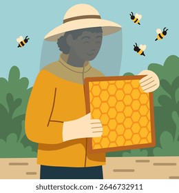 Vector trendy illustration of African woman beekeeper with a frame with honeycombs and bees. Useful hobby. Professional African-American female apiarist in uniform.