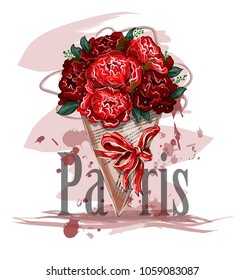 Vector trendy illustration with bouquet pink roses and slogan Paris.