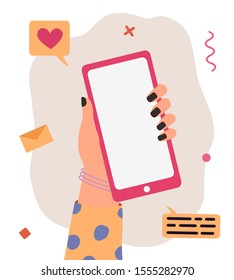 Vector trendy illustration of cartoon human hand using smartphone. Modern communication concept of arm holding mobile phone for application, mock up, flyer, presentation, business