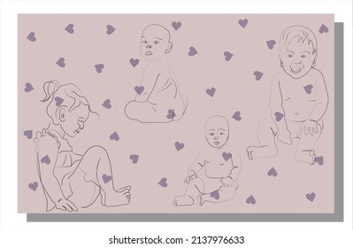 Ilustración de moda vectorial de los niños en un estilo lineal de moda. Amar el suave fondo. Arte elegante. Para afiches, tatuajes, logos de tiendas
