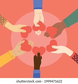 Ilustración de moda vectorial con diferentes manos sosteniendo el corazón. Concepto de dar y compartir amor a la gente, voluntariado, caridad, cooperación. Ilustración conceptual para el tema de la caridad.