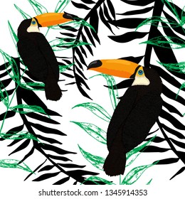 vector trendy illustration of digital toucans in stylized palm branches.
