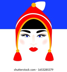 Vector trendy illustration for the fashion business. Face of a girl in a funny hat. Portrait of a girl. 