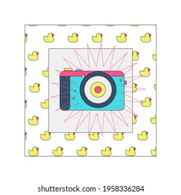 Vector trendy illustration, flash camera in frame with yellow ducks pattern