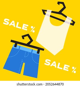 vector trendy illustration in geometric style of clothes on hangers for sale on a yellow background. useful for advertising sales, Black Friday, clothing stores, online sales, posters, web, prints