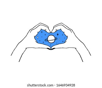 Dibujo vectorial a la moda del gesto - corazón hecho con las manos en un estilo minimalista moderno y tatuado con planetas y estrellas adentro. Plantilla de diseño para logotipo, impresión, emblema o marca. Concepto de espacio