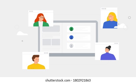 Vector trendy illustration a group of people friends meeting online video conference call. People video calling and messaging talking, consultation, seminar, online training concept.