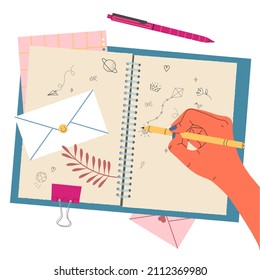 Vector trendy illustration with hand drawing doodle sketches in sketchbook. Envelopes, paper, pens.