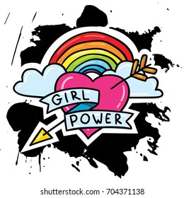 Vector trendy illustration of hand drawn doodle style cartoon comic feminism symbol: arrowed heart with rainbow and lettering girl power on abstract ink black grunge splashes spot print textile design