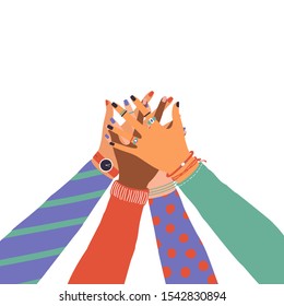 Vector trendy illustration with hands of diverse group of people putting together. Concept of friendship, cooperation, teamwork, partnership, agreement, movement.