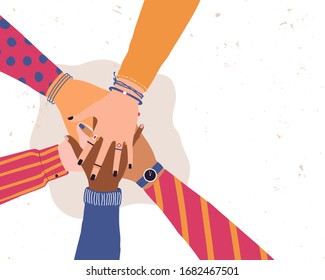Vector trendy illustration with hands of diverse group of people putting together. Concept of friendship, cooperation, teamwork, partnership, agreement, movement.